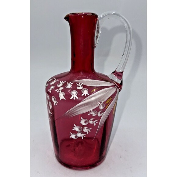 Vintage Victorian Cranberry Glass Jug W/Hand Painted White Flowers Gold Trim 7” - Picture 1 of 16